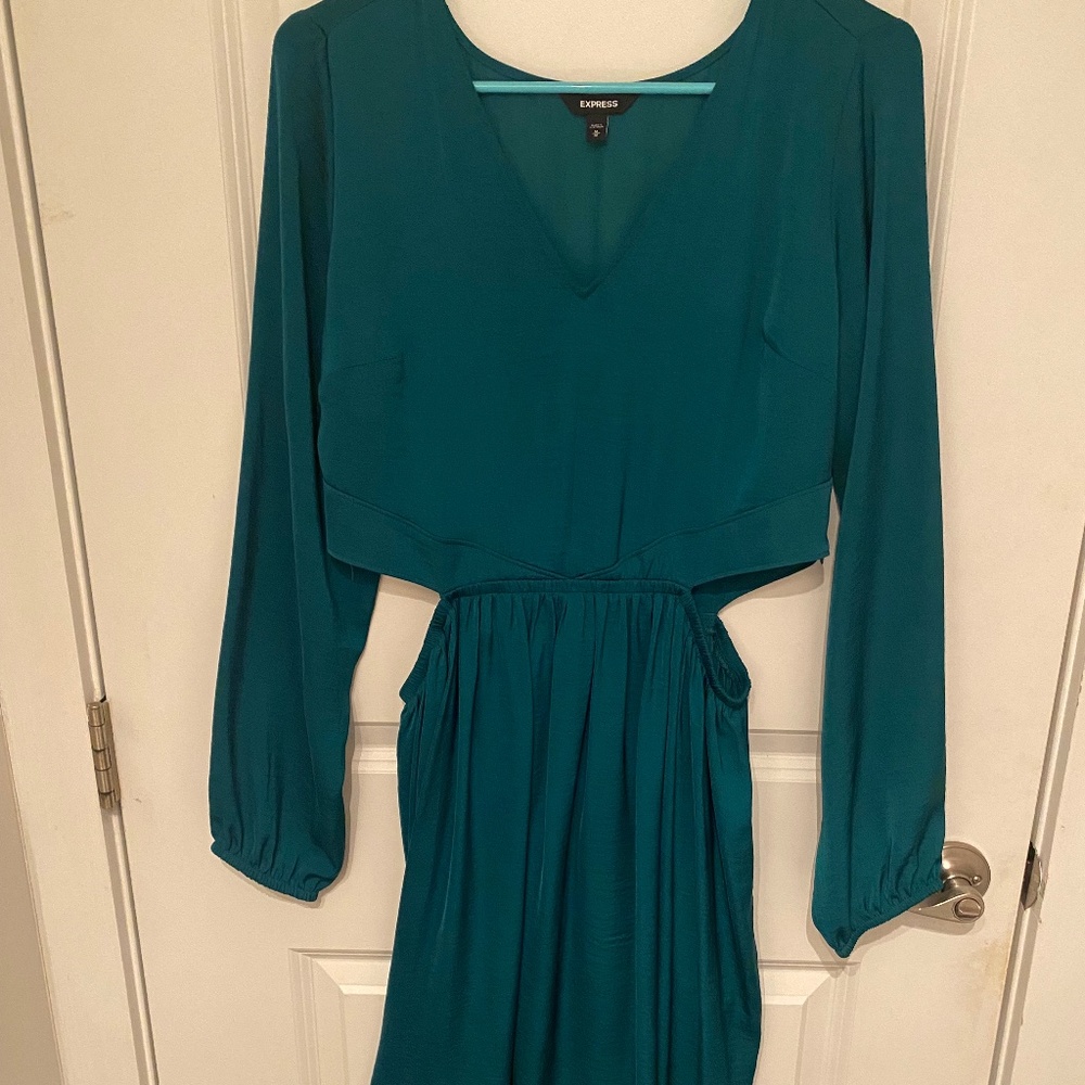 Express Emerald High Low Satin Dress with Cutouts